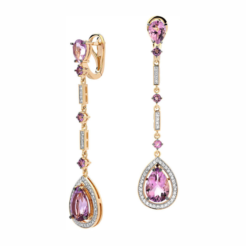 Серьги из желтого золота 585 пробы с сапфирами и аметистами 01С5313255-1