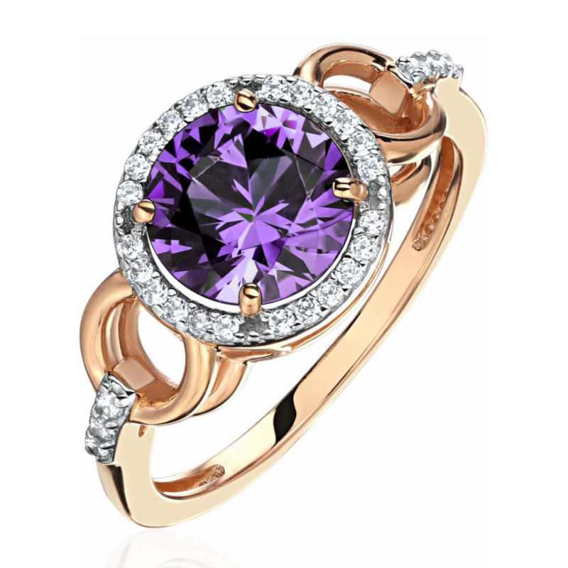 Кольцо из красного золота 585 пробы с аметистом и фианитами 01К3115335-3