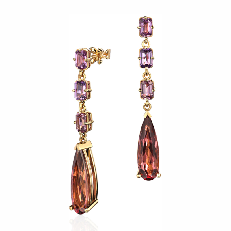 Серьги из желтого золота 750 пробы с сапфирами и турмалинами 01С5414329-1