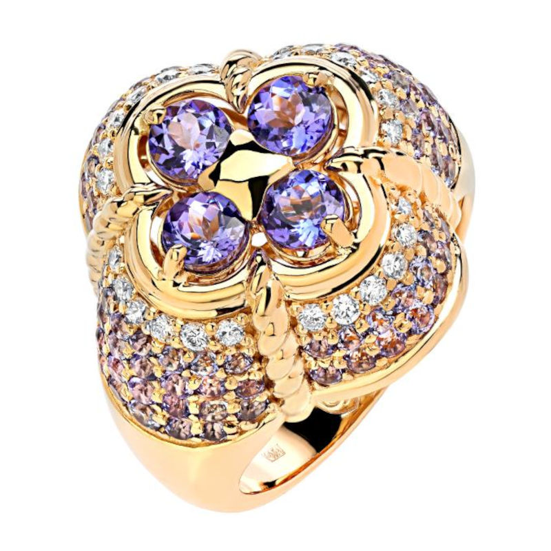 Кольцо из желтого золота 750 пробы с танзанитами и бриллиантами 01К6313307-1