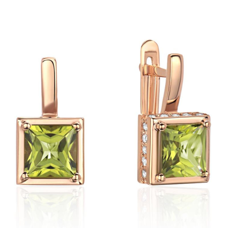 Серьги из красного золота 585 пробы с хризолитами и фианитами 01С3115409-2