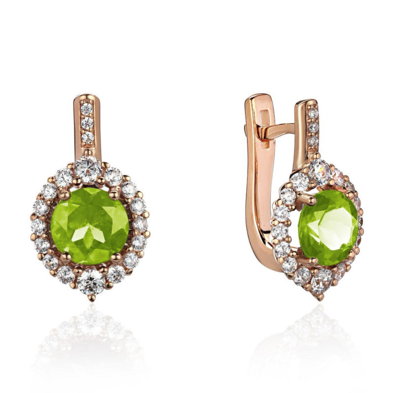 Серьги из красного золота 585 пробы с хризолитами и фианитами 01С3116531-5