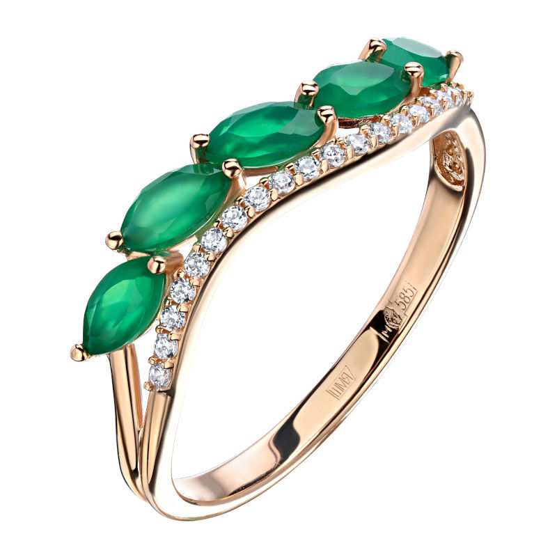 Кольцо из красного золота 585 пробы с зелеными агатами и фианитами 01К4115068-1