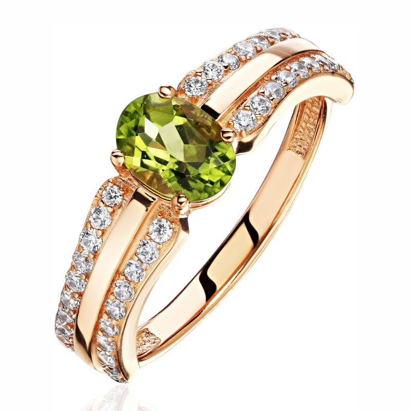 Кольцо из красного золота 585 пробы с хризолитом, фианитами 01К3116473Р-3