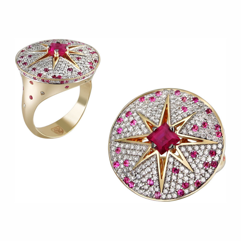 Кольцо из желтого золота 585 пробы с сапфирами, рубином и бриллиантами 01К6312582-1