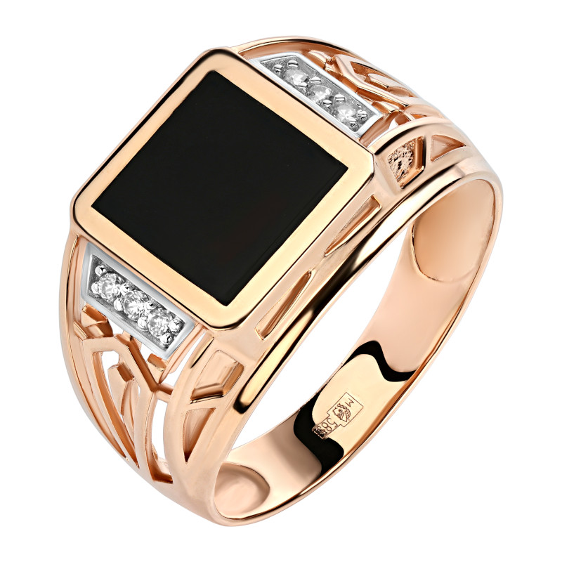 Печатка из красного золота 585 пробы с агатом и фианитами 01Т4112812-1