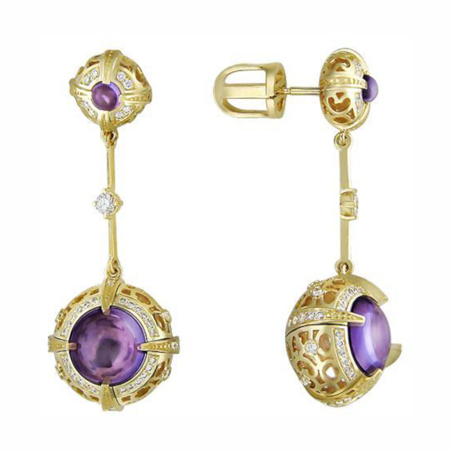 Серьги из желтого золота 750 пробы с аметистами и бриллиантами 01С646018-1 Серьги из желтого золота 750 пробы с аметистами и бриллиантами 01С646018-1