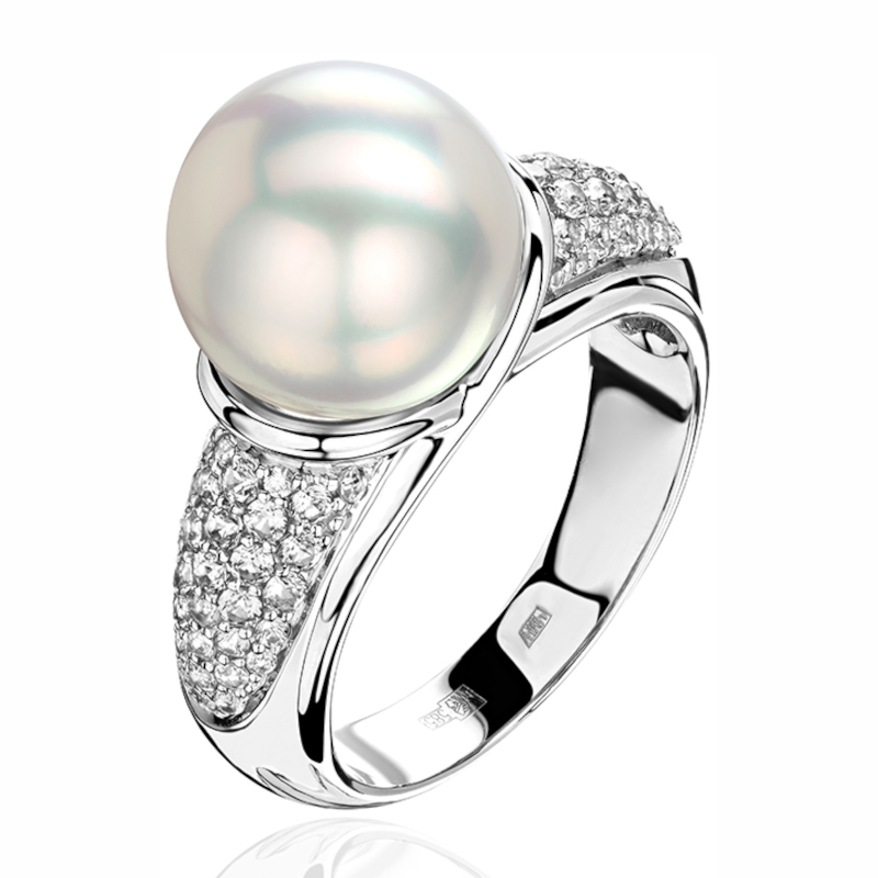 Кольцо из белого золота 585 пробы с жемчугом и бриллиантами 01К6213831-1