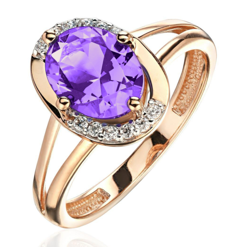 Кольцо из красного золота 585 пробы с аметистом и фианитами 01К3116569Р-2