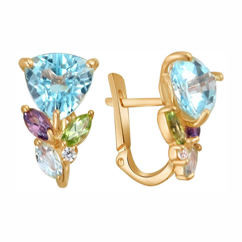 Серьги из красного золота 585 пробы с хризолитами и фианитами 01С315783-1