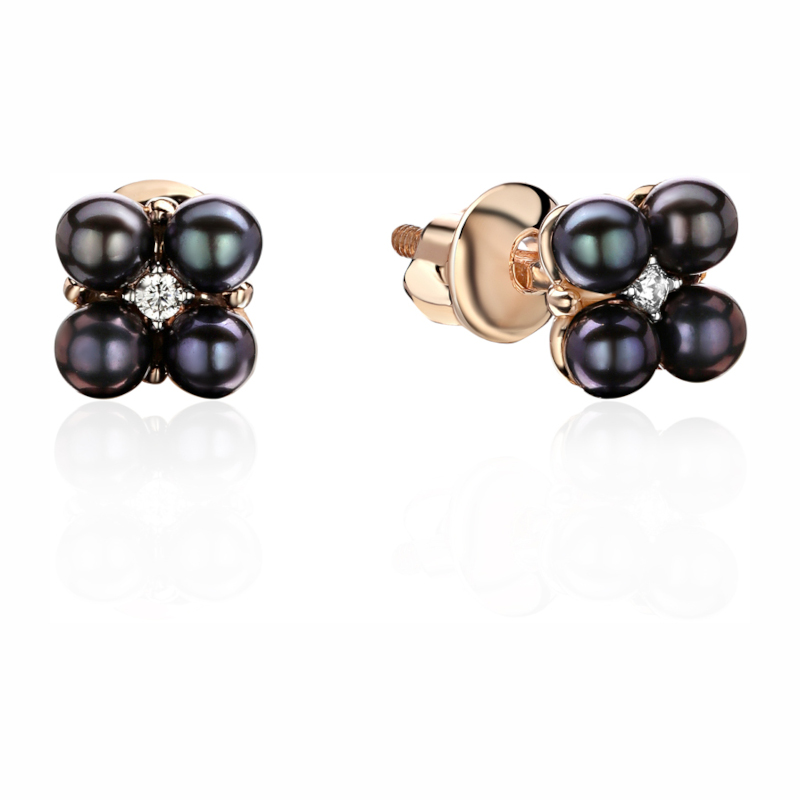 Серьги из красного золота 585 пробы с жемчугом и фианитами 01С3114284-2