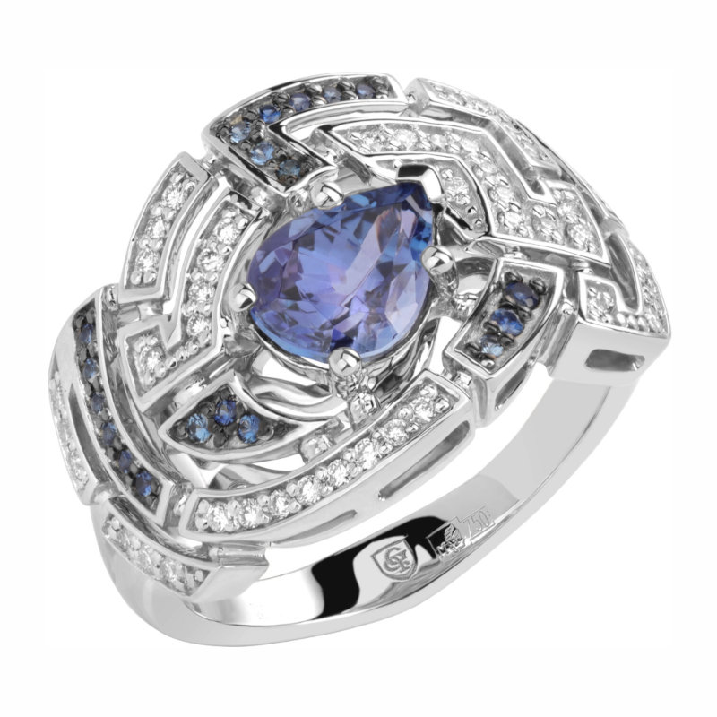 Кольцо из белого золота 750 пробы с танзанитом, сапфирами и бриллиантами 01К6713136-2 Кольцо из белого золота 750 пробы с танзанитом, сапфирами и бриллиантами 01К6713136-2