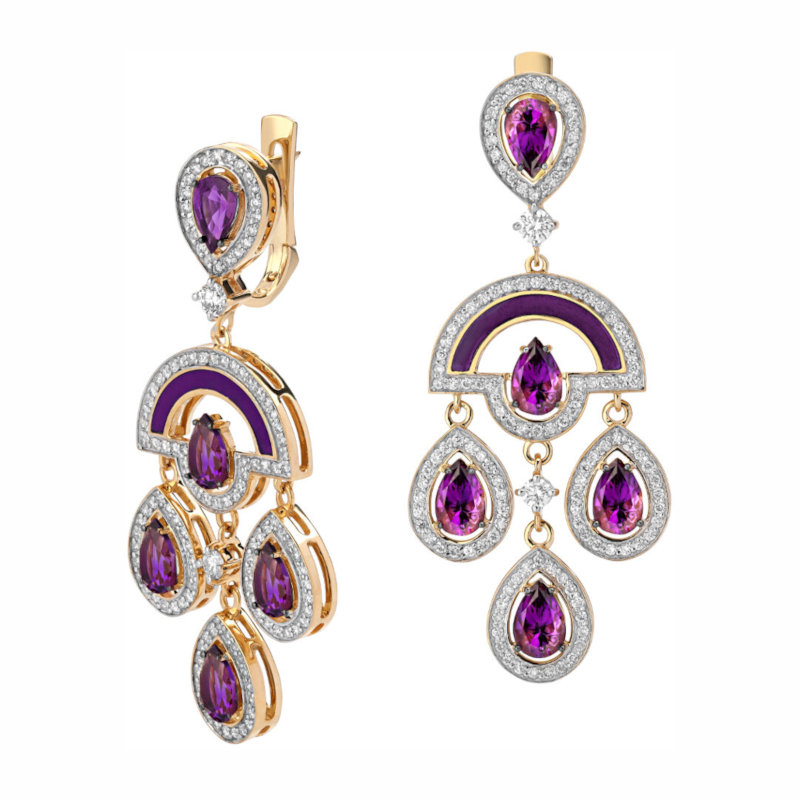 Серьги из желтого золота 585 пробы с аметистами, бриллиантами и эмалью 01С6311873Э-4 Серьги из желтого золота 585 пробы с аметистами, бриллиантами и эмалью 01С6311873Э-4