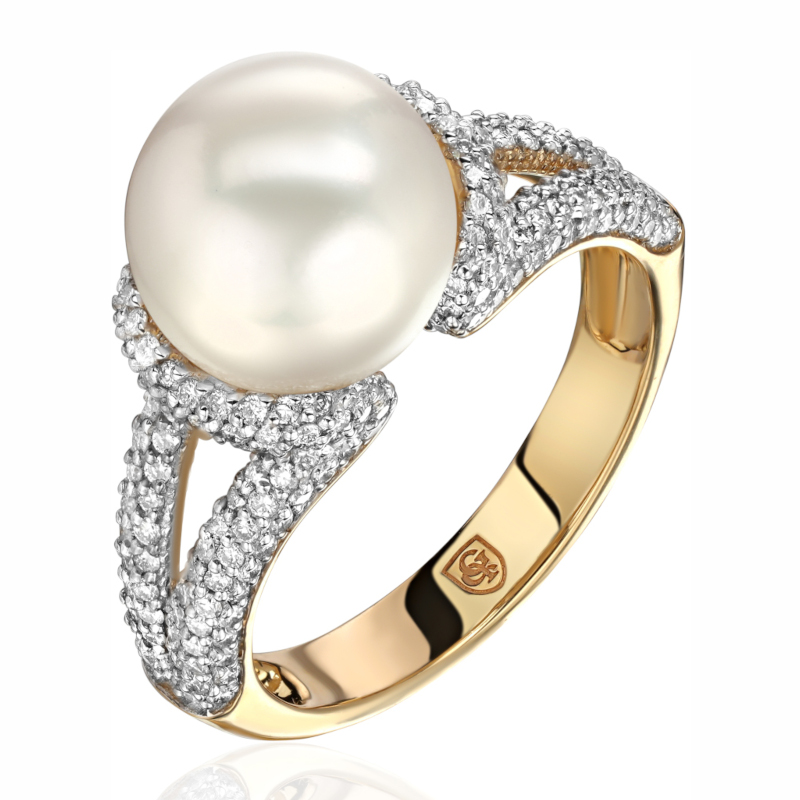 Кольцо из желтого золота 585 пробы с жемчугом и бриллиантами 01К637398-2