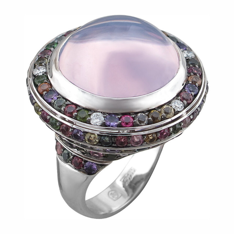Кольцо из белого золота 585 пробы с аметистом, турмалинами, кварцем и бриллиантами 01К6212182-2