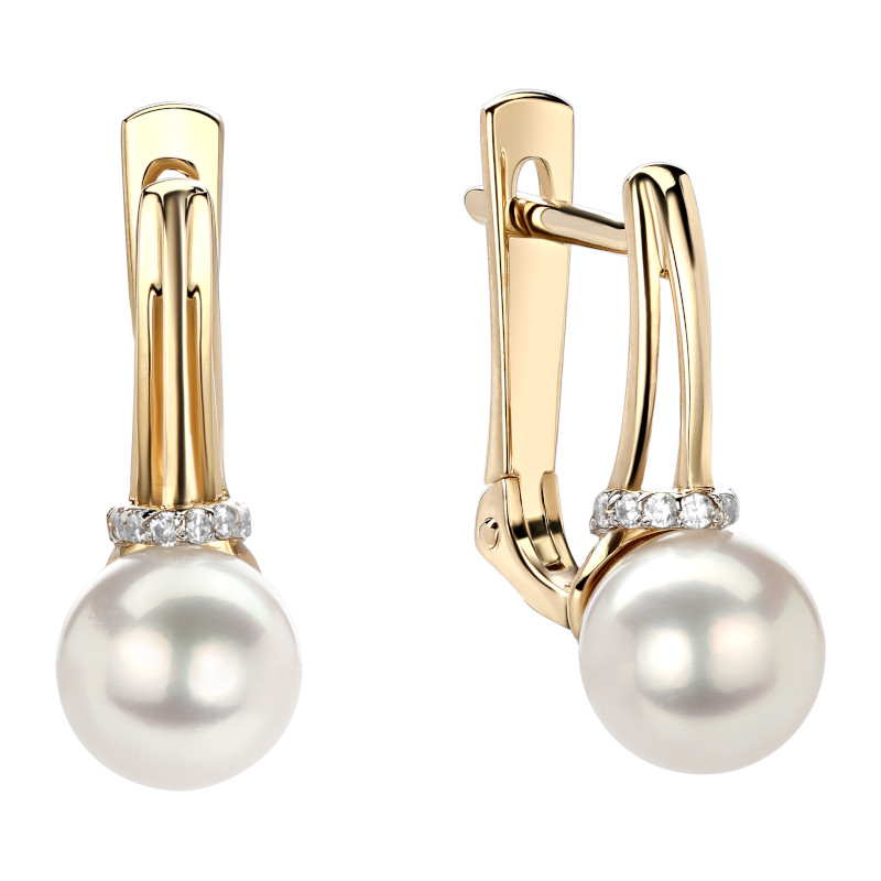 Серьги из желтого золота 585 пробы с жемчугом и фианитами 01С3311856-1