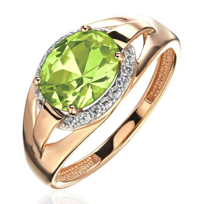 Кольцо из красного золота 585 пробы с хризолитом и фианитами 01К3116571Р-5