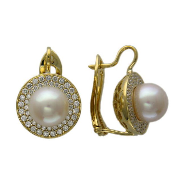Серьги из желтого золота 750 пробы с жемчугом и бриллиантами 01С642904-1 Серьги из желтого золота 750 пробы с жемчугом и бриллиантами 01С642904-1
