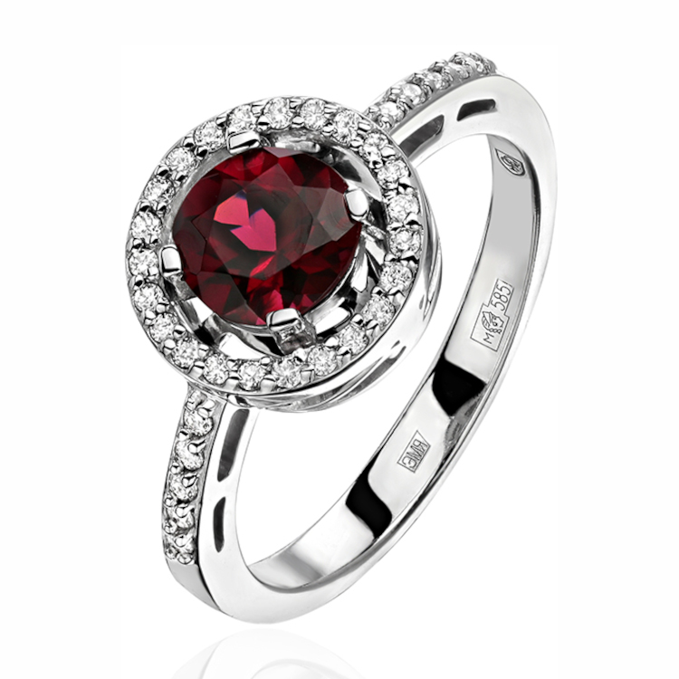 Кольцо из белого золота 585 пробы с родолитом и бриллиантами 01К6213537-5 Кольцо из белого золота 585 пробы с родолитом и бриллиантами 01К6213537-5