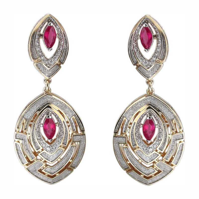 Серьги из комбинированного золота 585 пробы с рубинами, платиной и бриллиантами 01С6613141Ж-2 Серьги из комбинированного золота 585 пробы с рубинами, платиной и бриллиантами 01С6613141Ж-2