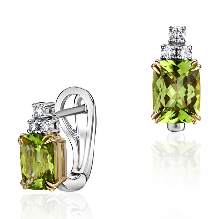 Серьги из комбинированного золота 750 пробы с хризолитами и бриллиантами 01С6814292-3