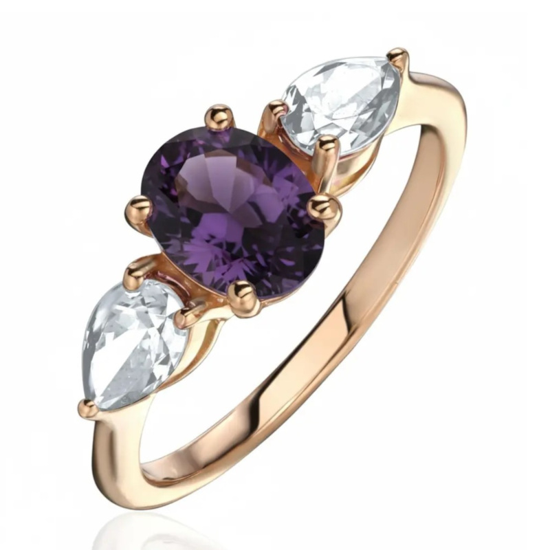 Кольцо из красного золота 585 пробы с аметистом и фианитами 01К3116573-8