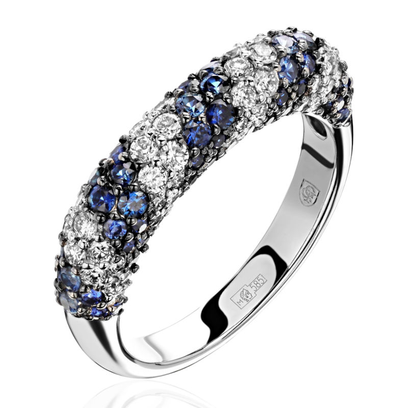 Кольцо из белого золота 585 пробы с сапфирами и бриллиантами 01К6214727-2