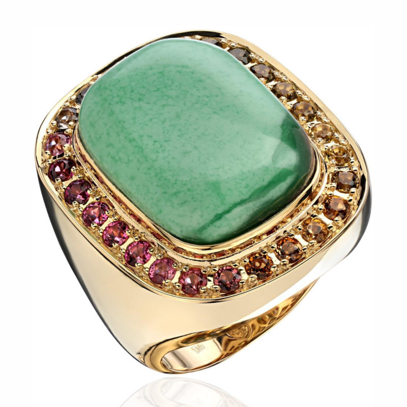 Кольцо из желтого золота 750 пробы с варисцитом и турмалинами 01К3413991-1