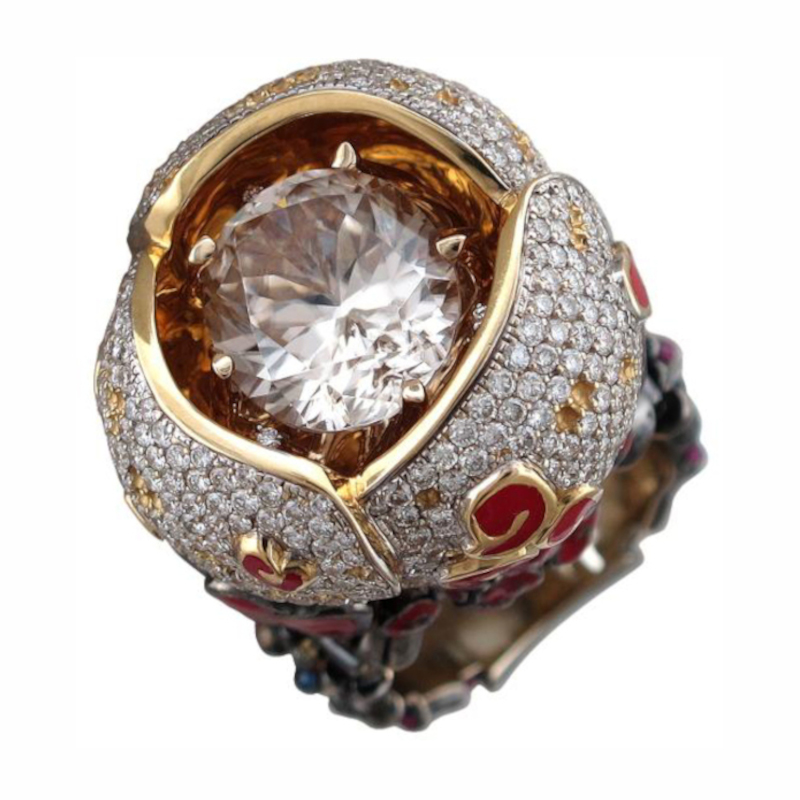Кольцо из комбинированного золота 750 пробы с тсаворитом, эмалью, сапфирами, рубинами, гиацинтом и бриллиантами 01К685939Э-3
