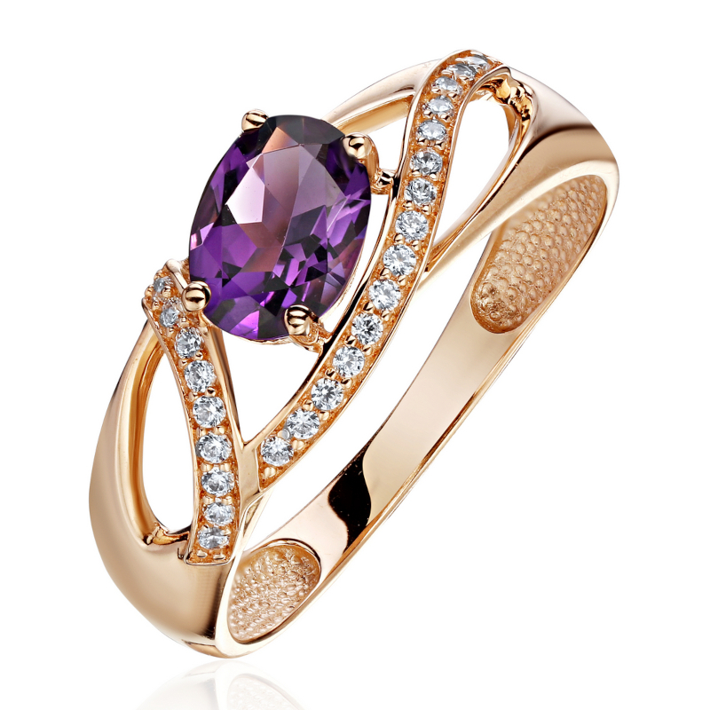 Кольцо из красного золота 585 пробы с аметистом и фианитами 01К3115351-2