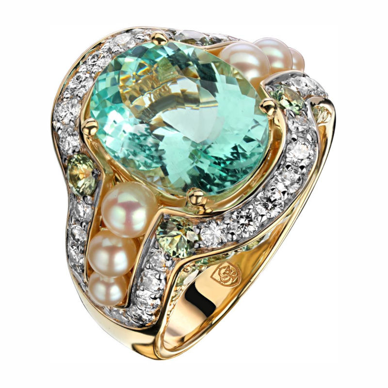 Кольцо из желтого золота 585 пробы с аквамарином, жемчугом, сапфирами и бриллиантами 01К6312965-2