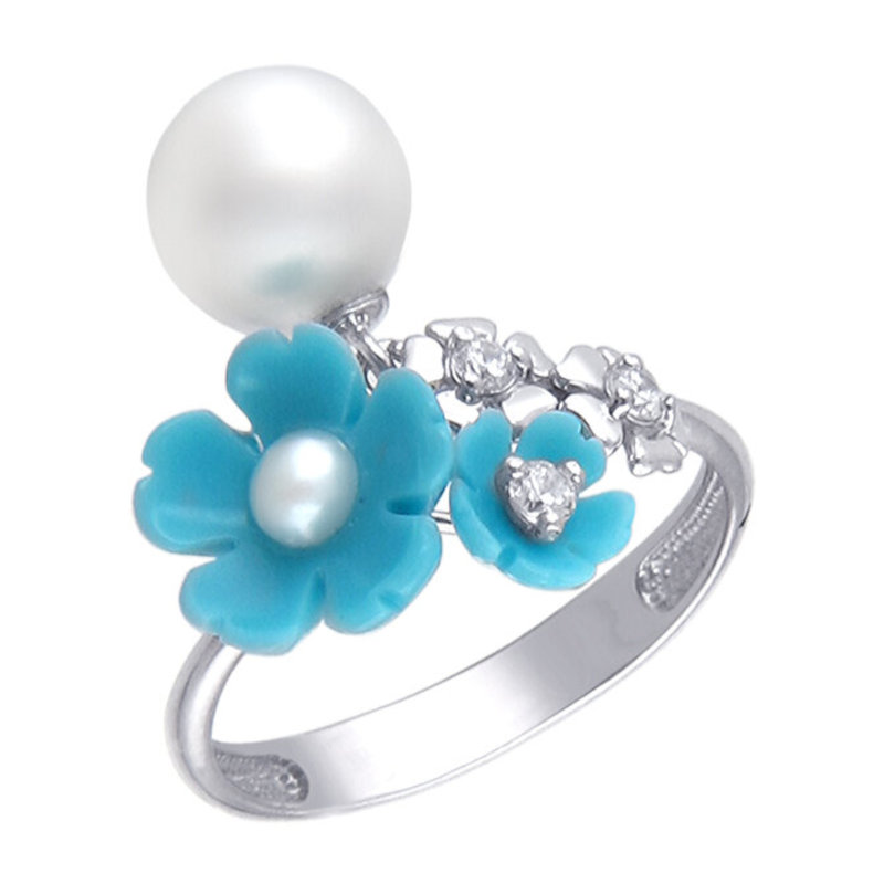 Кольцо из серебра 925 пробы с фианитом, имитацией жемчуга, имитацией бирюзы и жемчугом 01К3511203-1