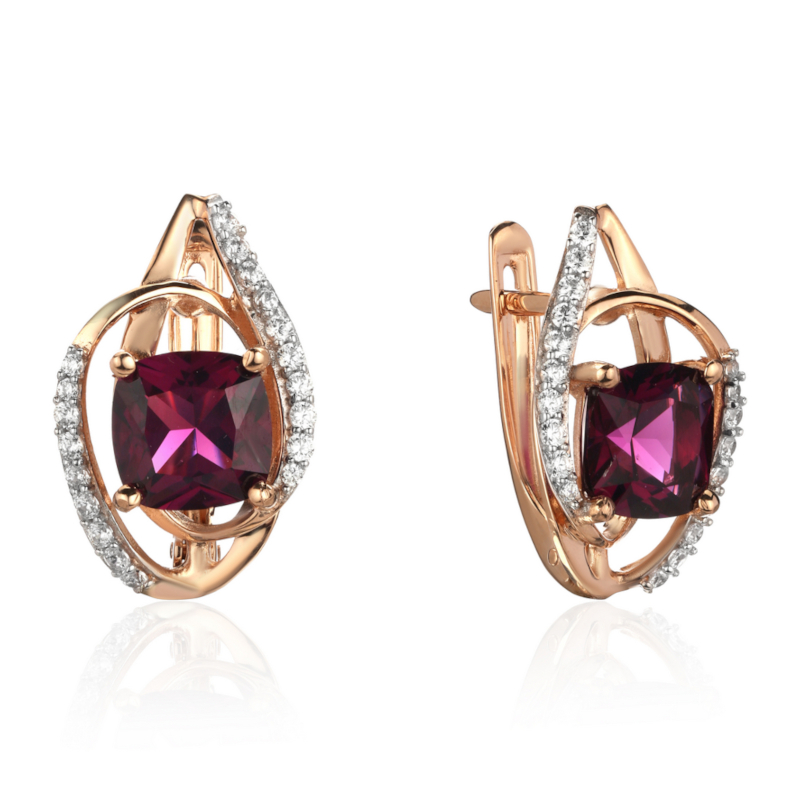 Серьги из красного золота 585 пробы с наноситал аметистами и фианитами 01С2115322Р-2