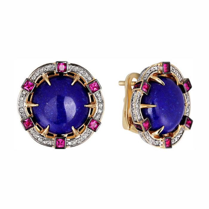 Серьги из желтого золота 585 пробы с рубинами, лазуритом и бриллиантами 01С6310484-1