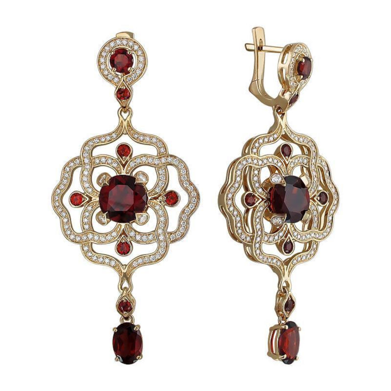 Серьги из желтого золота 750 пробы с гранатами и бриллиантами 01С6471097-2