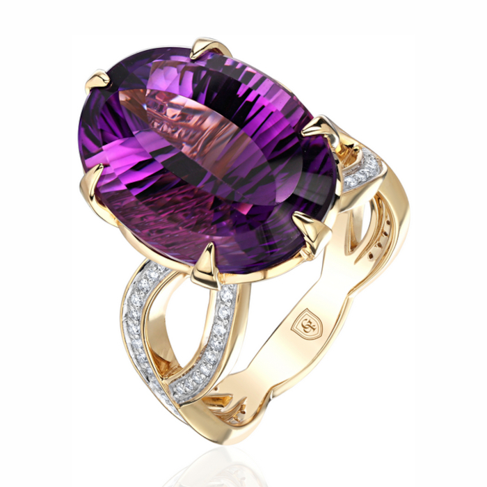 Кольцо из желтого золота 585 пробы с аметистом и бриллиантами 01К6315211-1