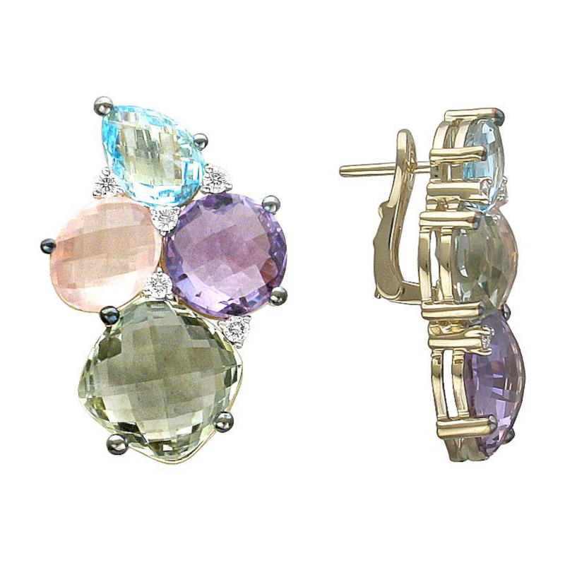 Серьги из желтого золота 585 пробы с топазами, празиолитами, кварцем, аметистами и бриллиантами 01С6312562-1 Серьги из желтого золота 585 пробы с топазами, празиолитами, кварцем, аметистами и бриллиантами 01С6312562-1