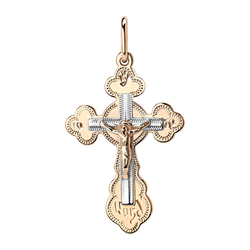 Крест нательный из двух цветов золота 585 пробы без вставок 01Р760697