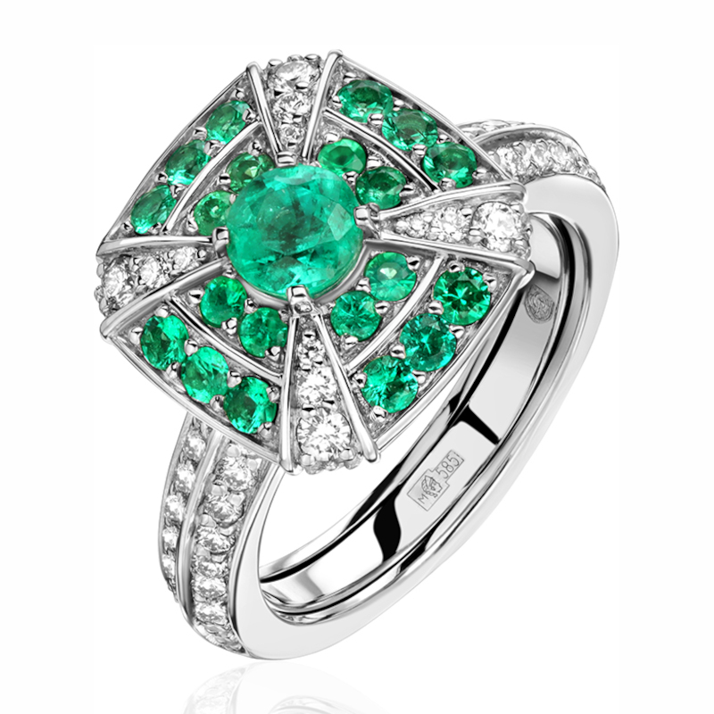 Кольцо из белого золота 585 пробы с изумрудом и бриллиантами 01К6215582-1