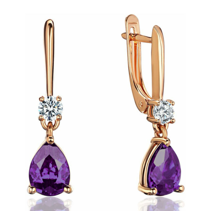 Серьги из красного золота 585 пробы с аметистами и фианитами 01С3115337-4