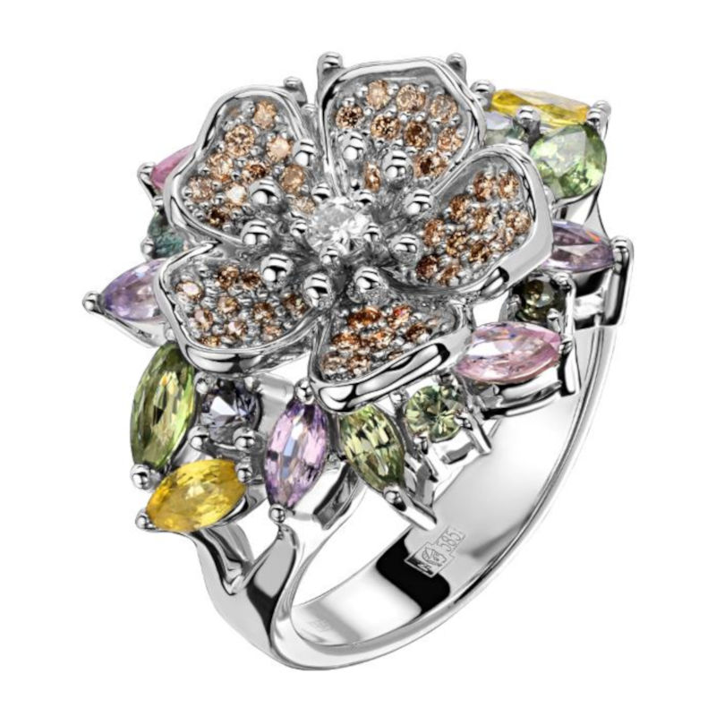 Кольцо из белого золота 585 пробы с сапфирами и бриллиантами 01К6213474-2