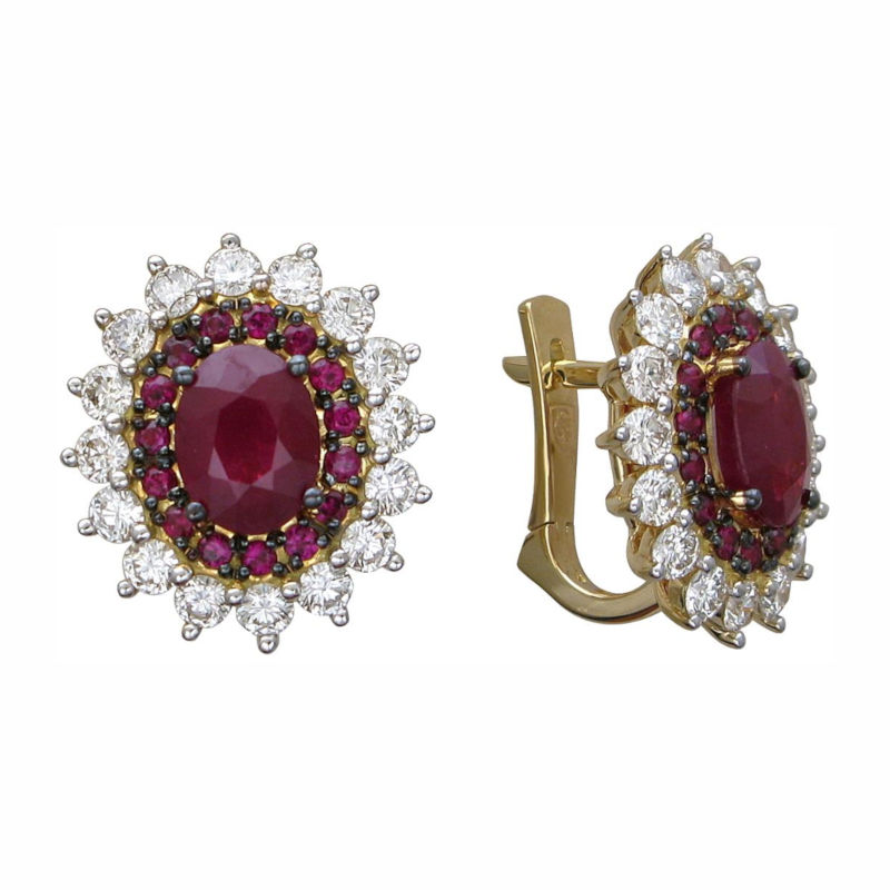 Серьги из желтого золота 750 пробы с рубинами и бриллиантами 01С6412075-3