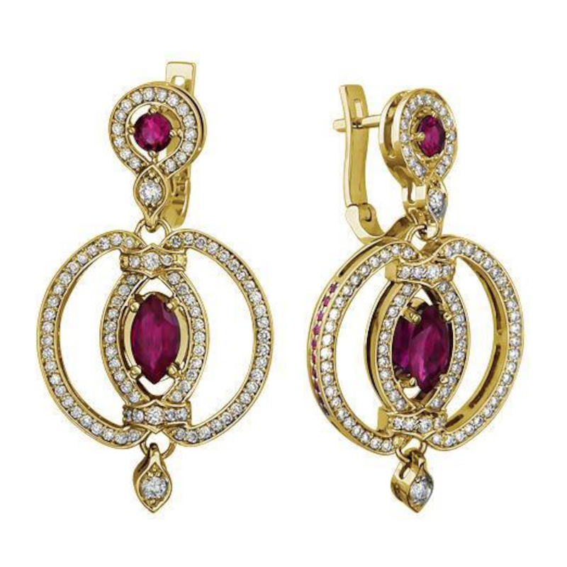 Серьги из желтого золота 750 пробы с рубинами и бриллиантами 01С647988-1 Серьги из желтого золота 750 пробы с рубинами и бриллиантами 01С647988-1
