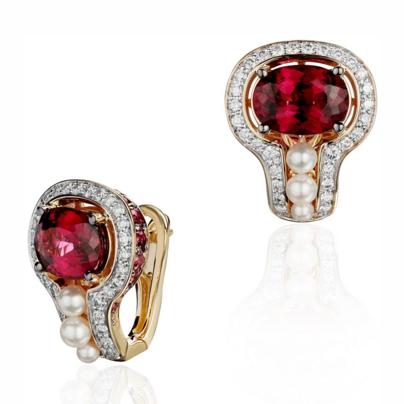 Серьги из желтого золота 585 пробы с жемчугом, бриллиантами и родолитами 01С6311865-3