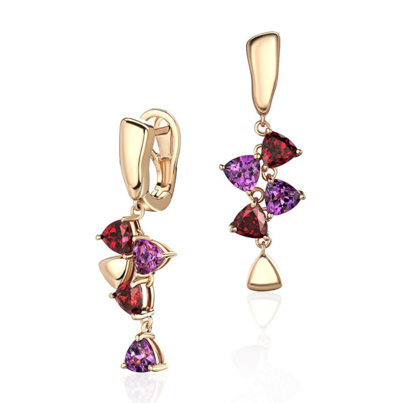 Серьги из красного золота 585 пробы с аметистами и родолитами 01С3116556-5