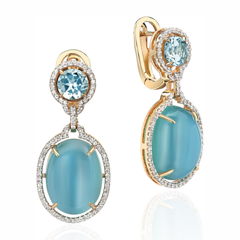 Серьги из желтого золота 585 пробы с сапфирами, агатами и топазами 01С5312289-2 Серьги из желтого золота 585 пробы с сапфирами, агатами и топазами 01С5312289-2