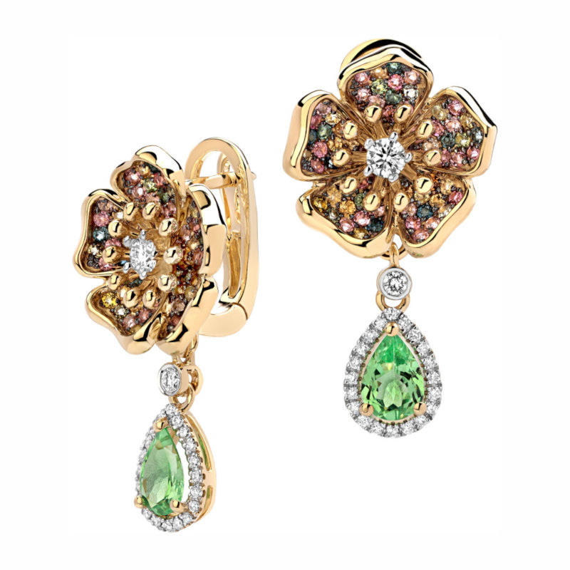 Серьги из желтого золота 585 пробы с тсаворитами, турмалинами и бриллиантами 01С6313475-3