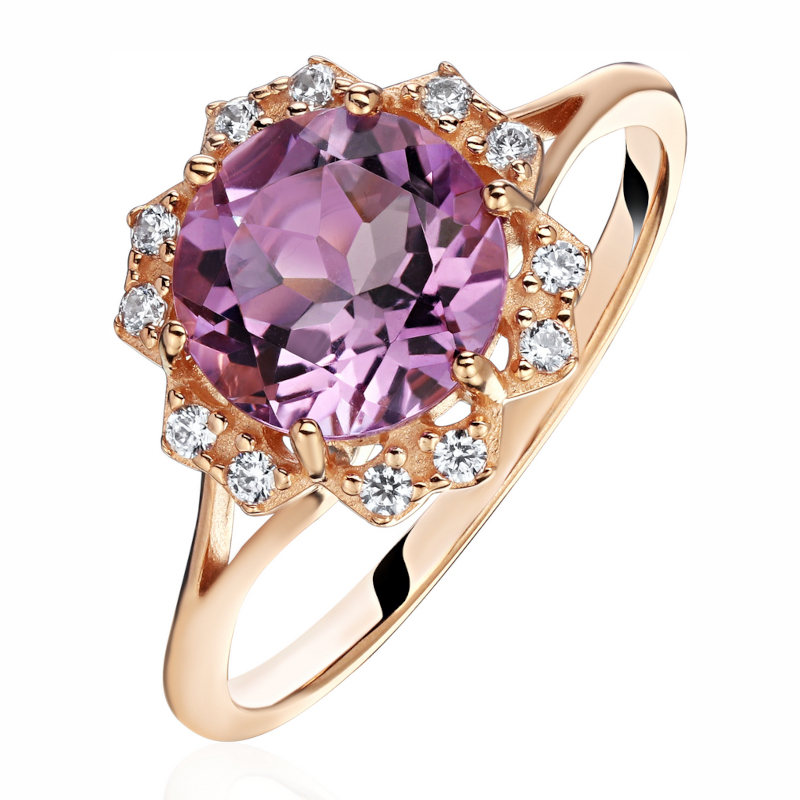 Кольцо из красного золота 585 пробы с аметистом и фианитами 01К3116436-1