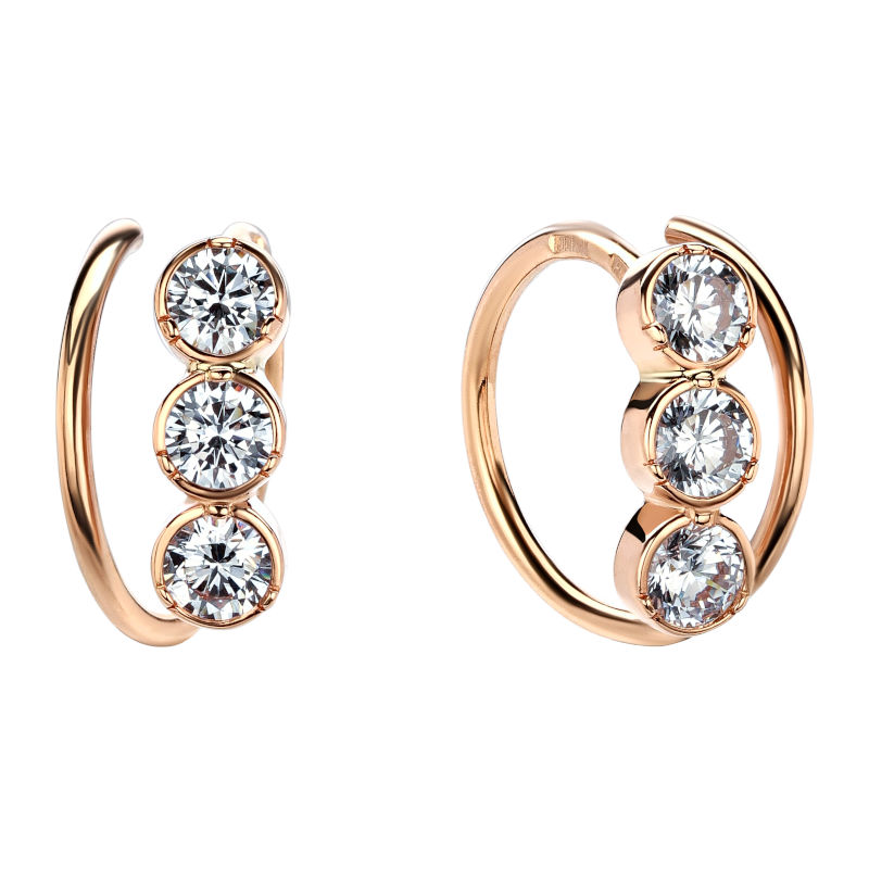 Серьги каффы без прокола из красного золота 585 пробы с фианитами 01С1112591