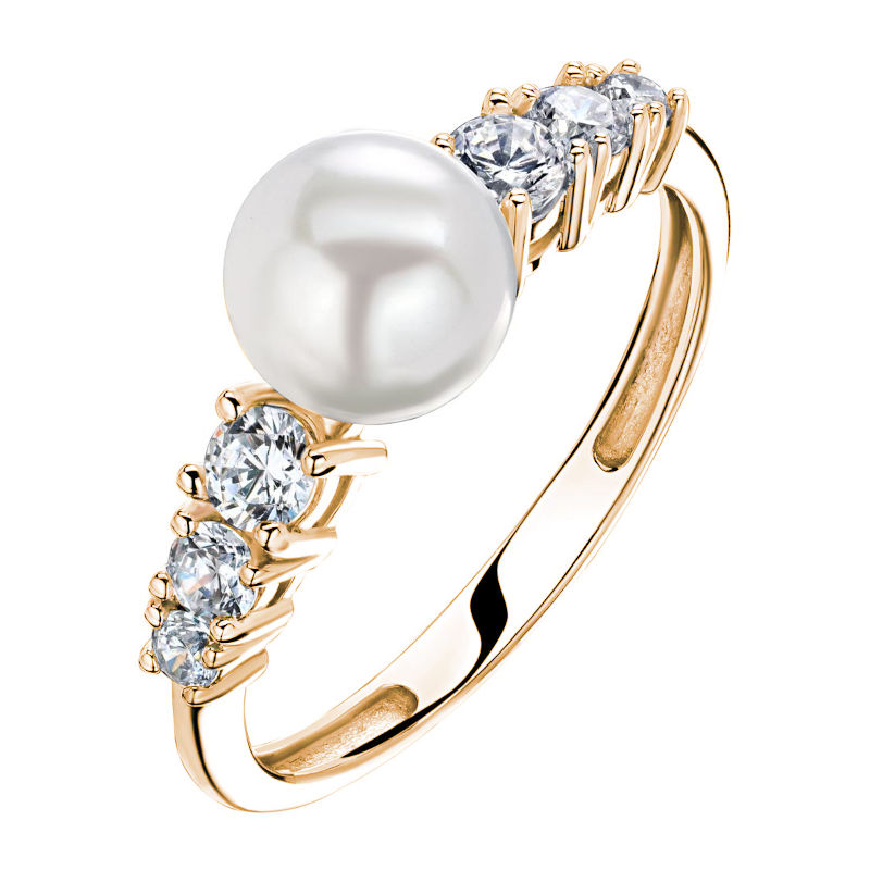 Кольцо из красного золота 585 пробы с жемчугом и фианитами 01К3113113-1